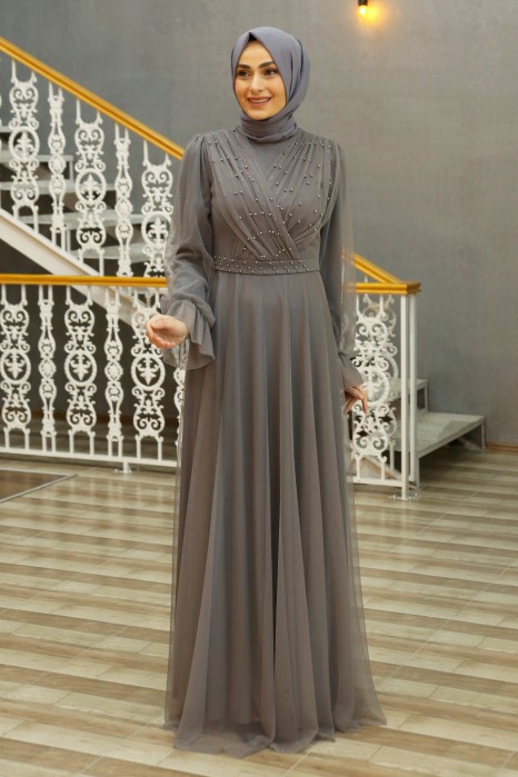 PEARL DETAILED ANTHRACITE EVENING DRESS